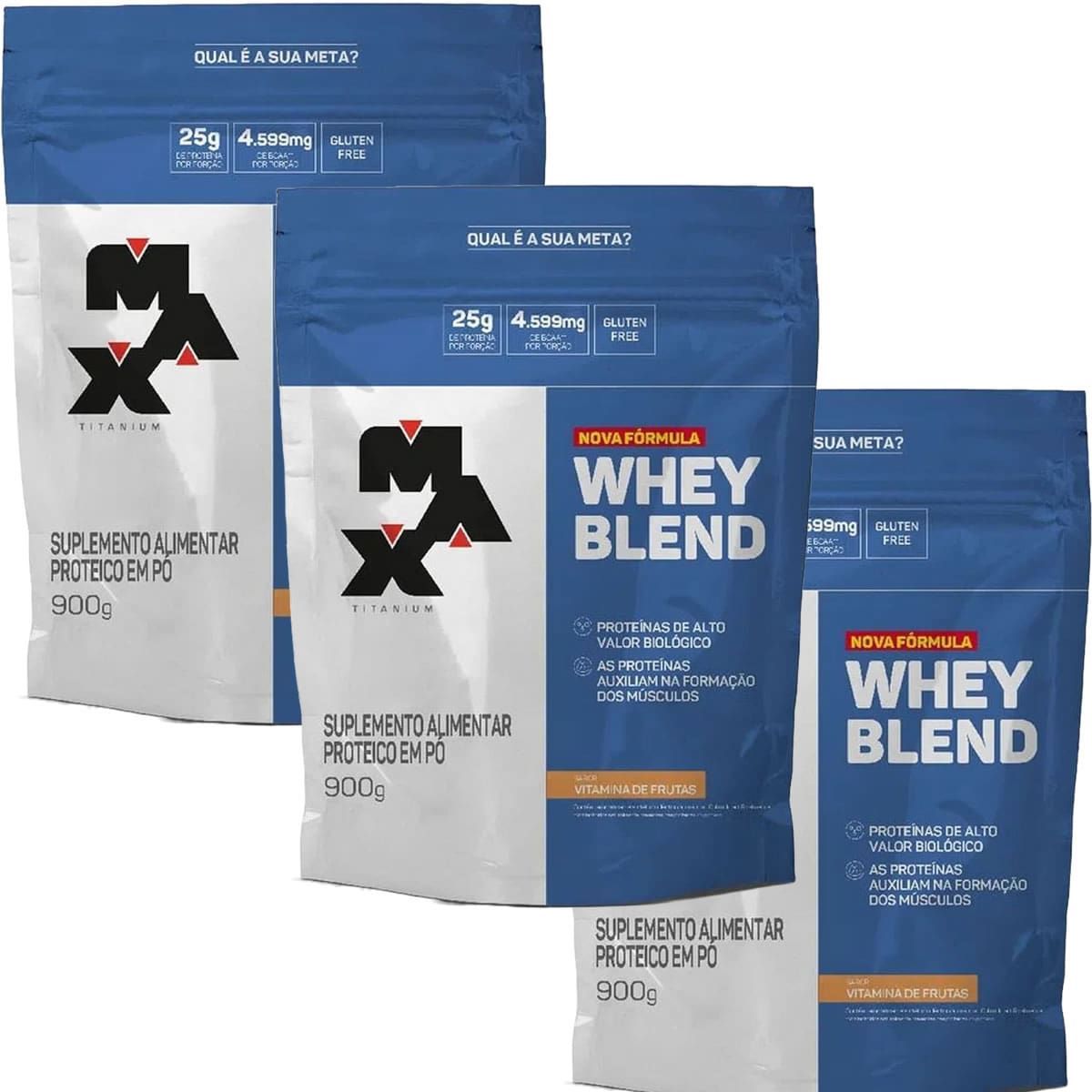 Kit 3X Whey Blend Nova F�rmula - 900g Refil Vitamina de Frutas - Max Titanium