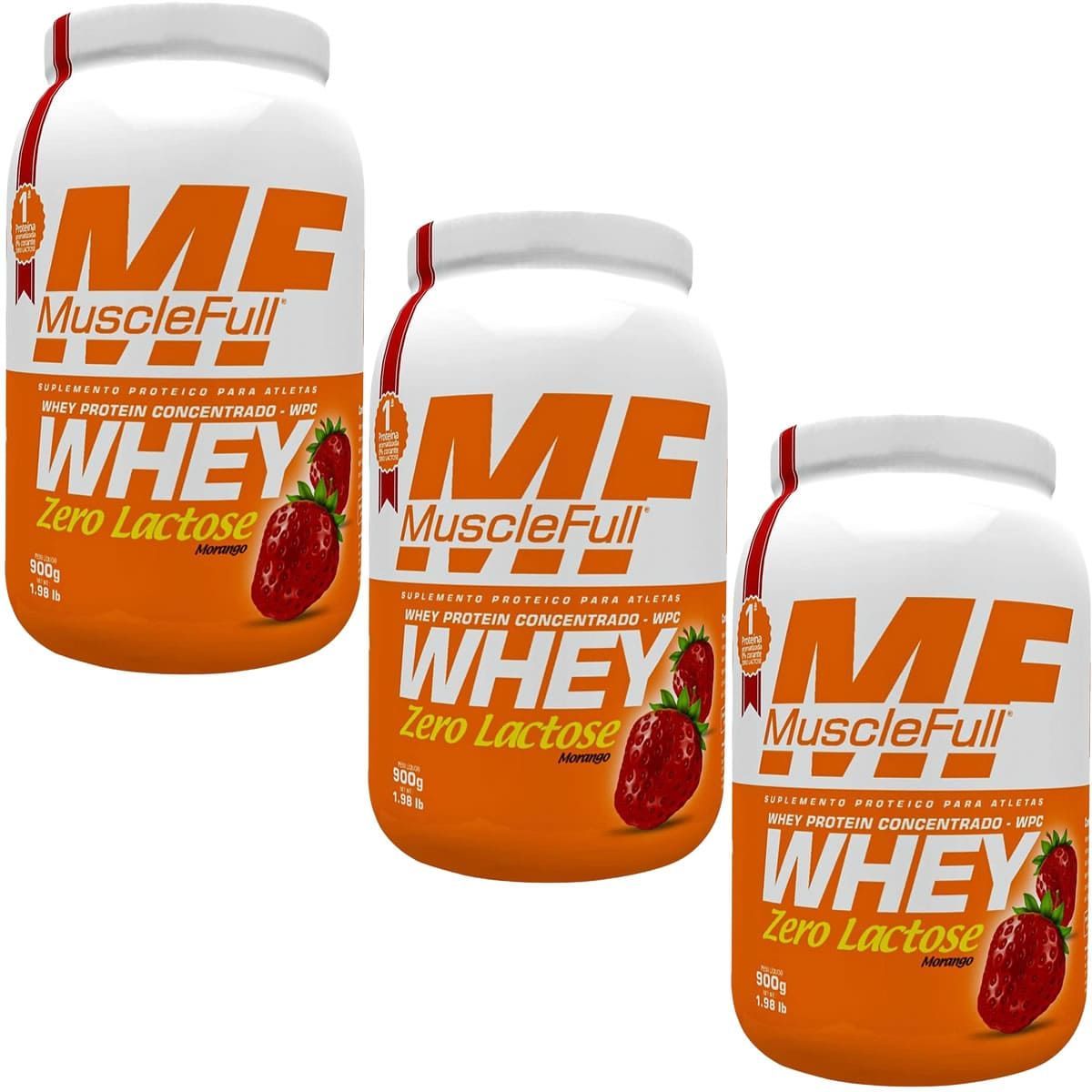 Kit 3X Whey Concentrado Zero Lactose - 900g Morango - MuscleFull