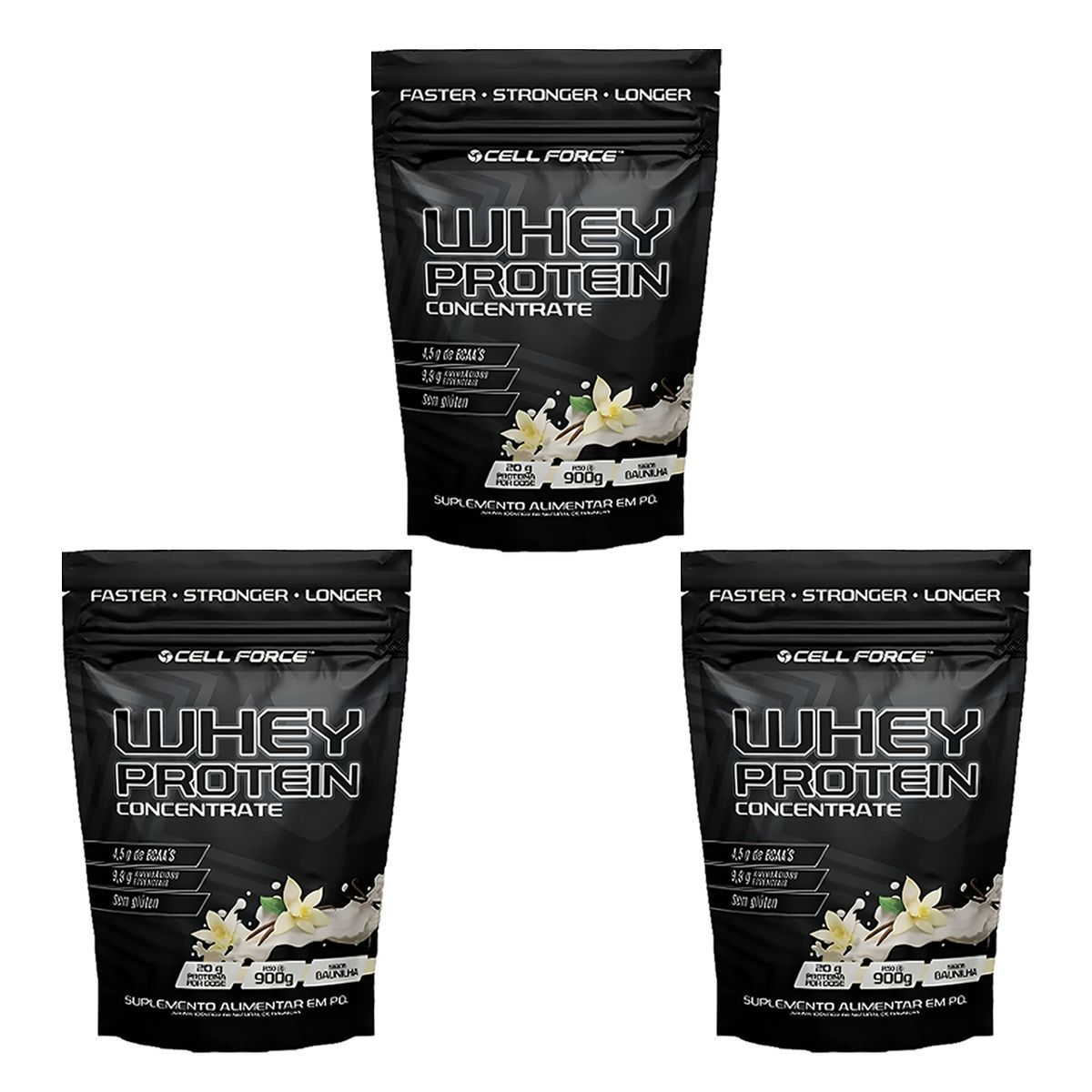 Kit 3X Whey Concentrate - Refil 900g Baunilha - Cell Force