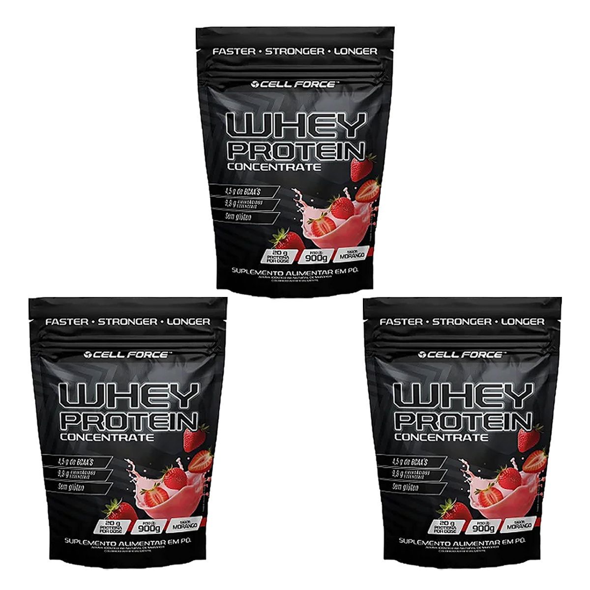 Kit 3X Whey Concentrate - Refil 900g Morango - Cell Force
