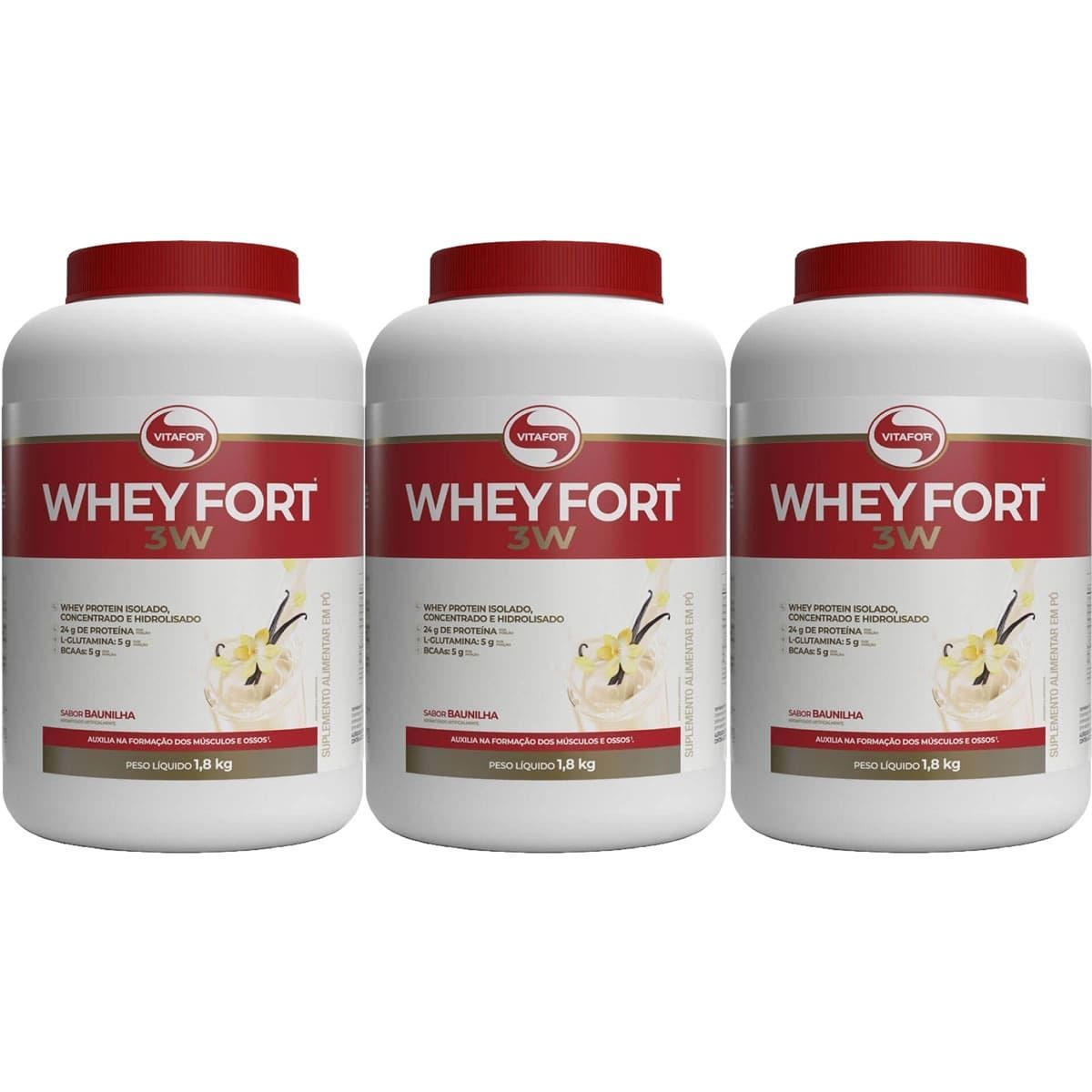Kit 3X Whey Fort 3W - 1800g Baunilha - Vitafor