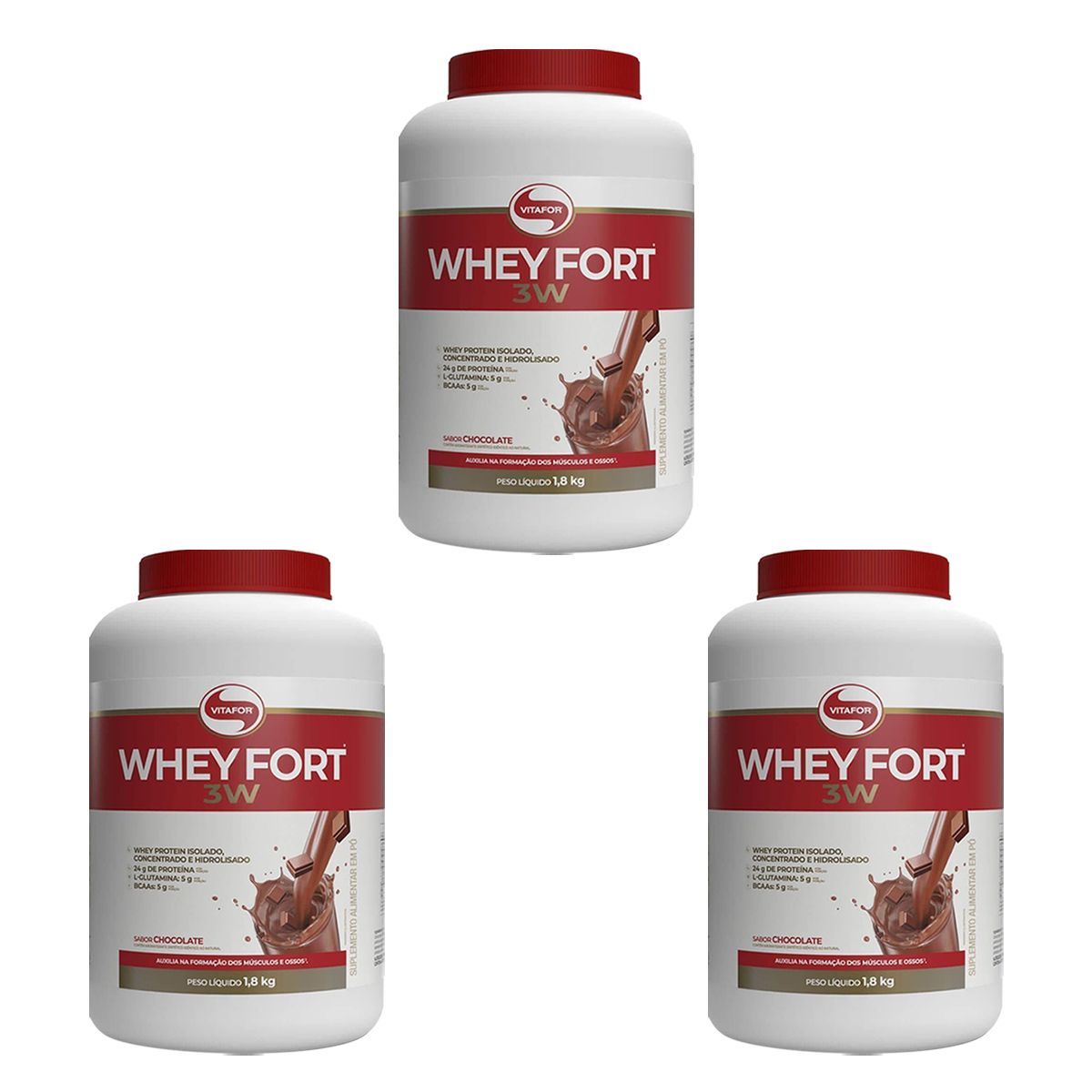 Kit 3X Whey Fort 3W - 1800g Chocolate - Vitafor