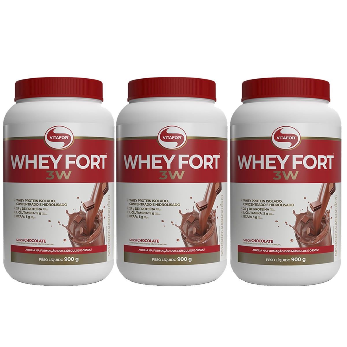 Kit 3X Whey Fort 3W - 900g Chocolate - Vitafor