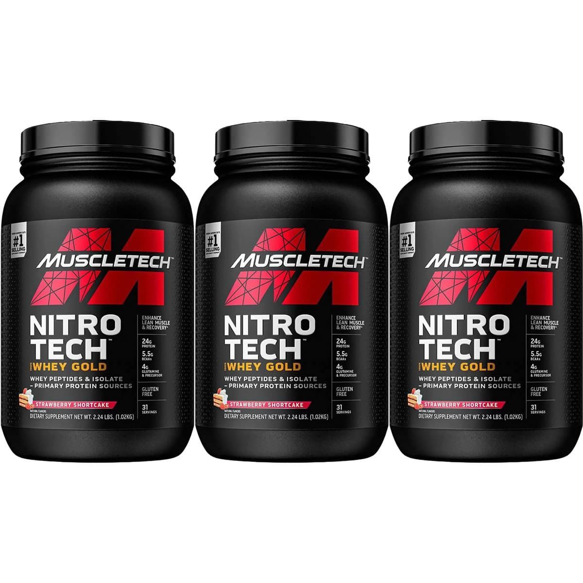 Kit 3X Whey Gold Nitro Tech - 1020g Strawberry Shortcake - Muscletech