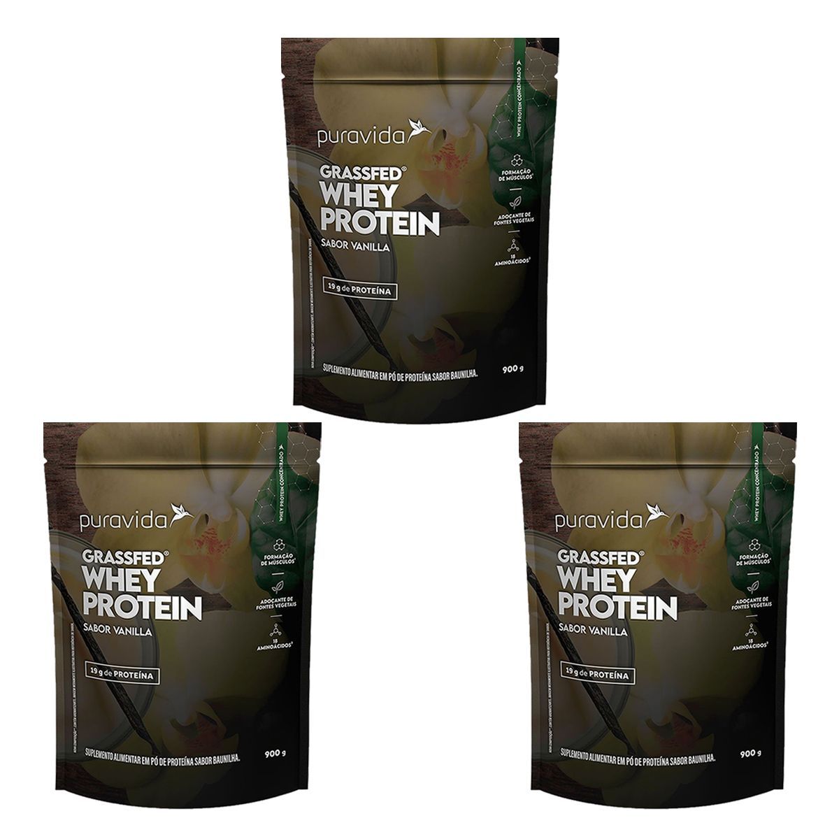 Kit 3X Whey Grassfed Nova Composi��o - 900g Vanilla - Puravida