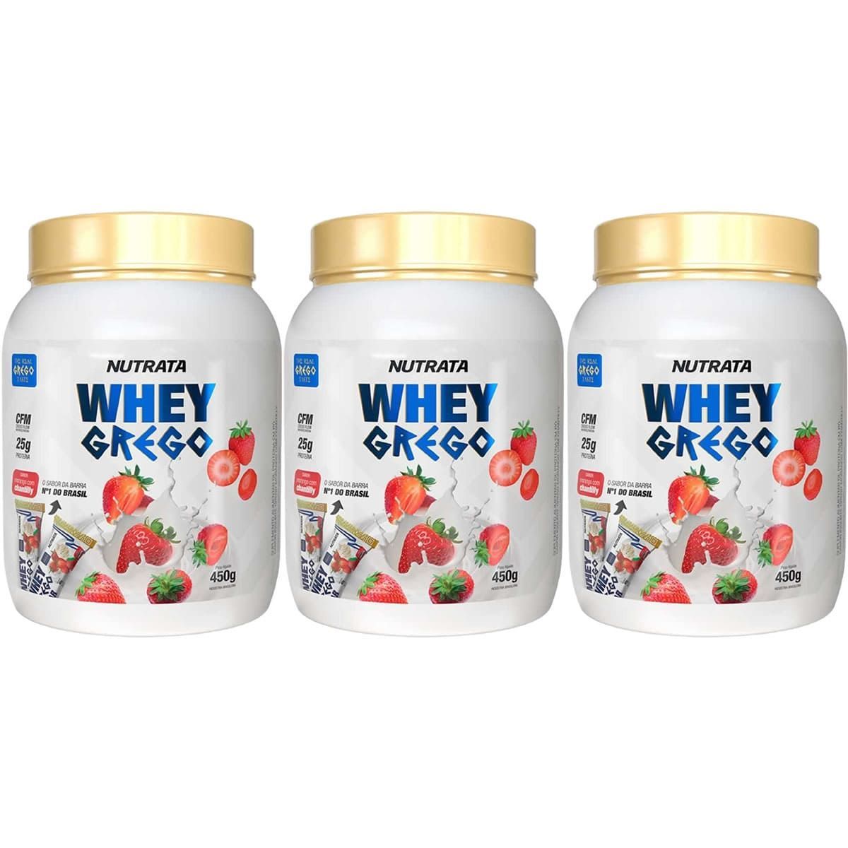 Kit 3X Whey Grego - 450g Morango Com Chantilly - Nutrata