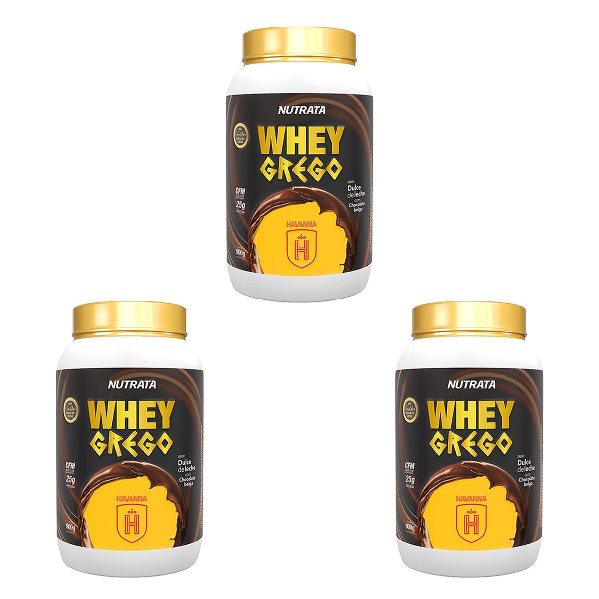 Kit 3X Whey Grego - 900g Dulce de Leche Com Chocolate Belga Havanna - Nutrata