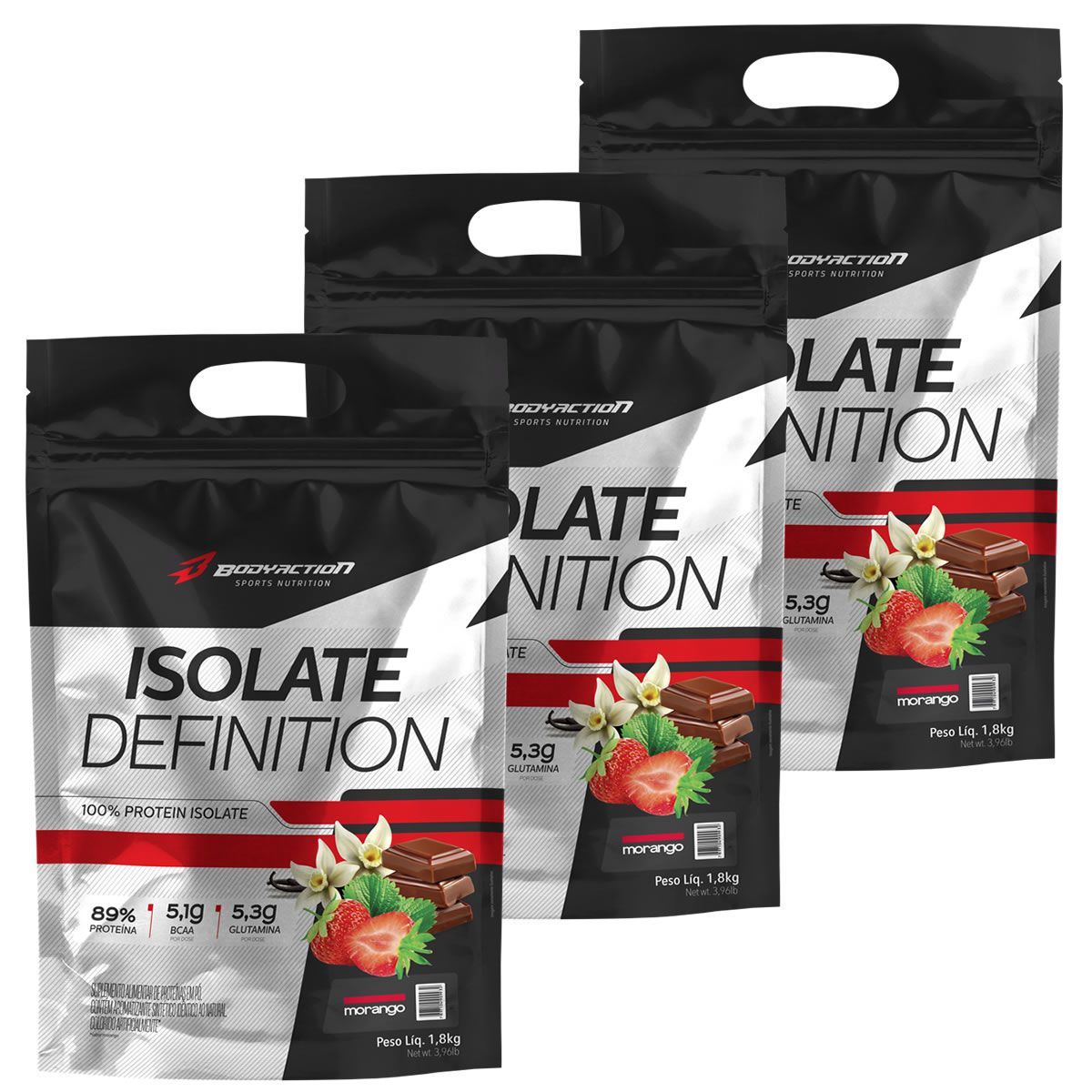 Kit 3X Whey Isolate Definition - 1800g Refil Morango - BodyAction