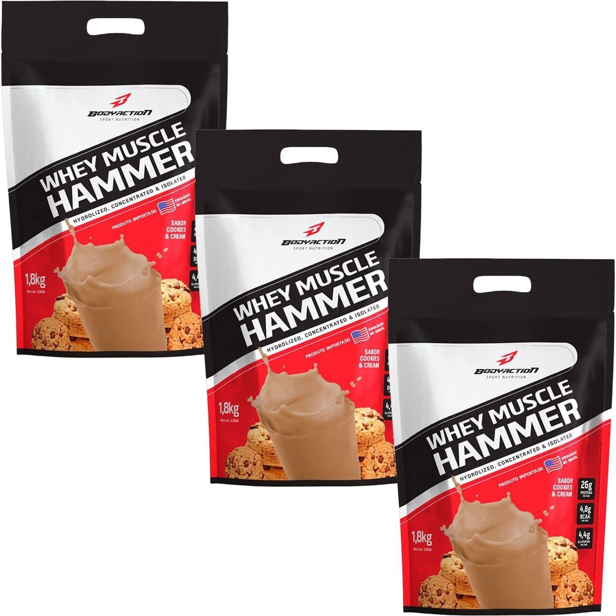 Kit 3X Whey Muscle Hammer - 1800g Cookies e Cream - BodyAction