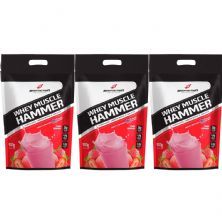 Kit 3X Whey Muscle Hammer - 900g Refil Morango - BodyAction