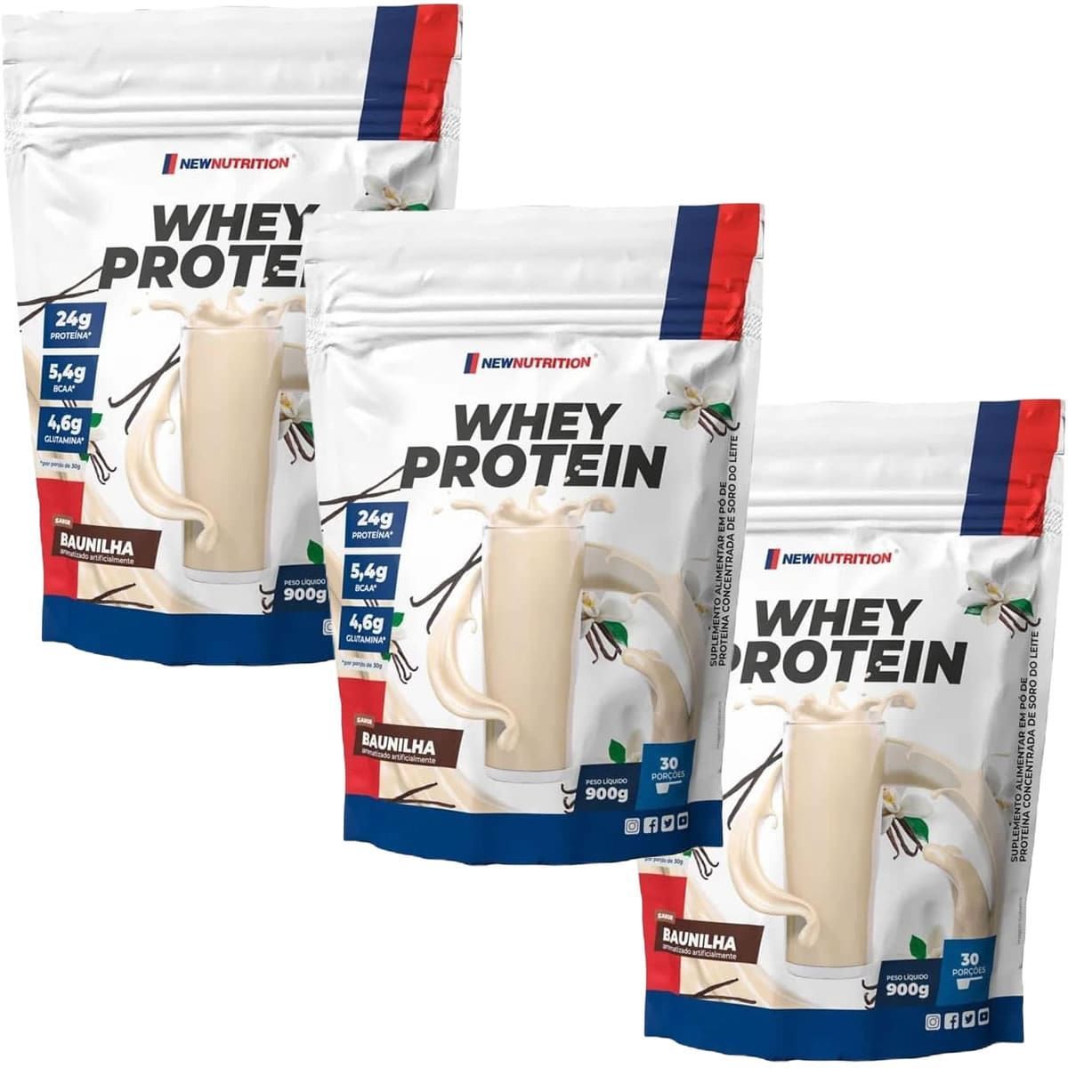 Kit 3X Whey Protein - 900g Refil Baunilha - NewNutrition