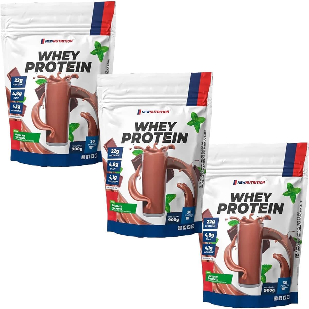 Kit 3X Whey Protein - 900g Refil Chocolate Com Menta - NewNutrition