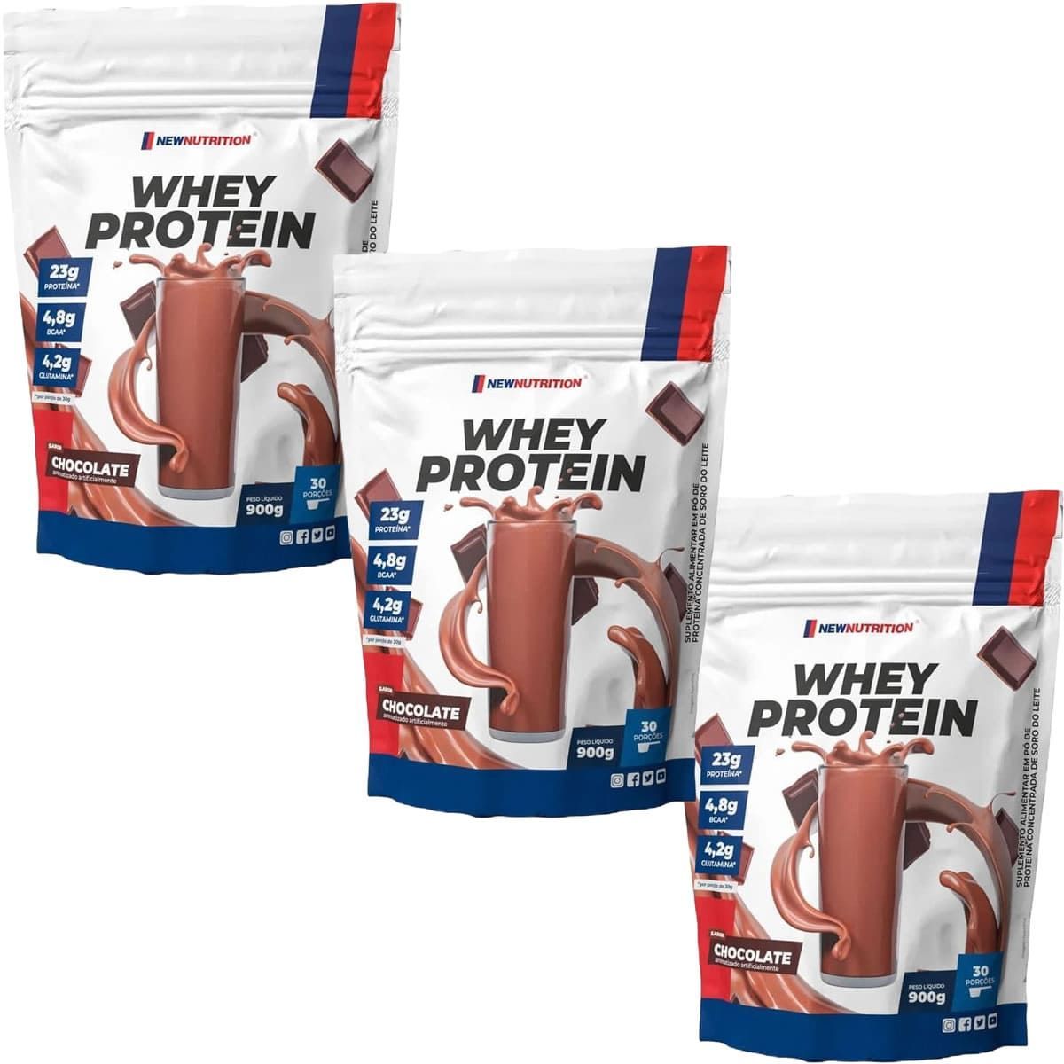 Kit 3X Whey Protein - 900g Refil Chocolate - NewNutrition