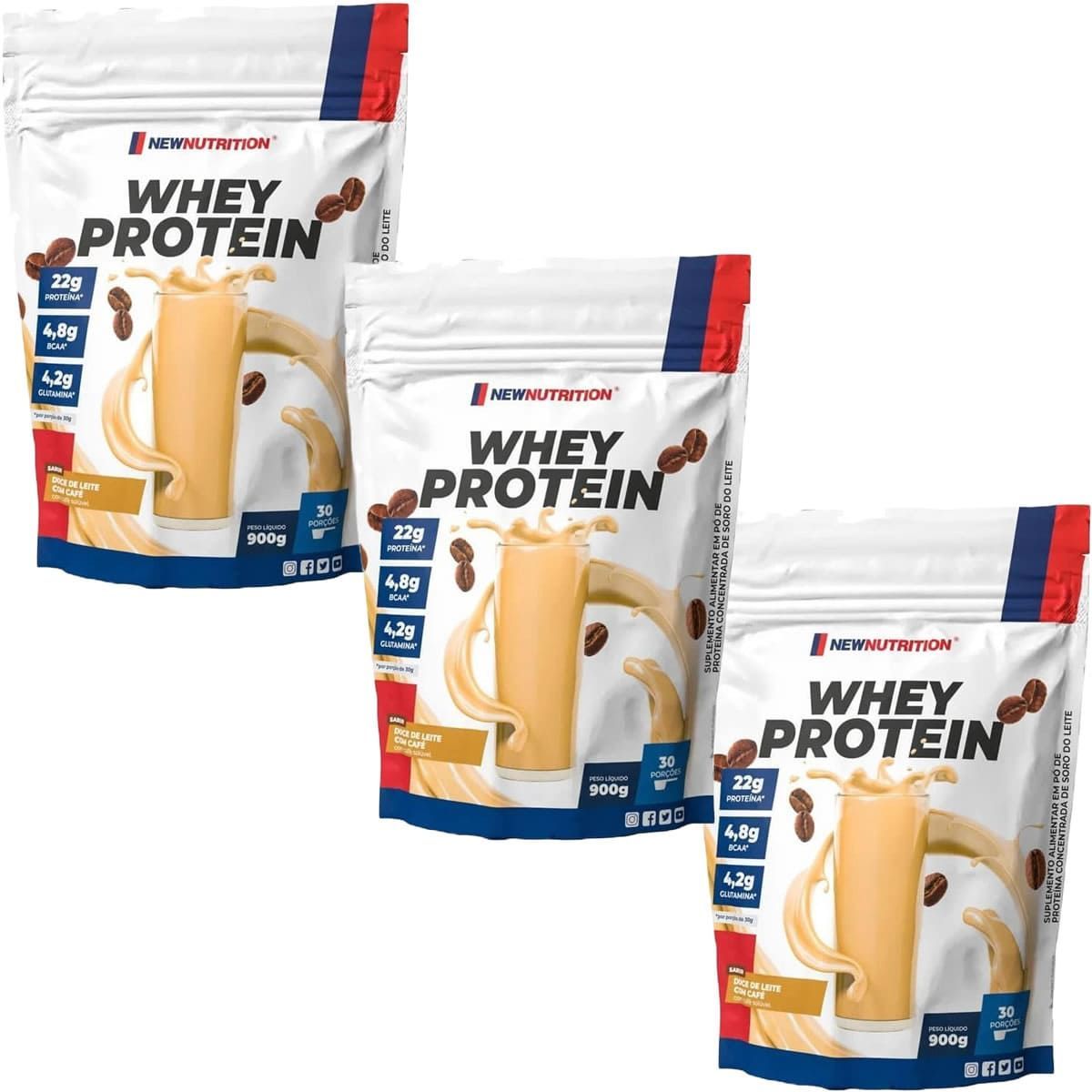 Kit 3X Whey Protein - 900g Refil Doce de Leite Com Cafe - NewNutrition