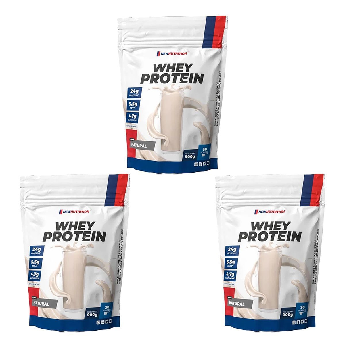 Kit 3X Whey Protein - 900g Refil Natural - NewNutrition