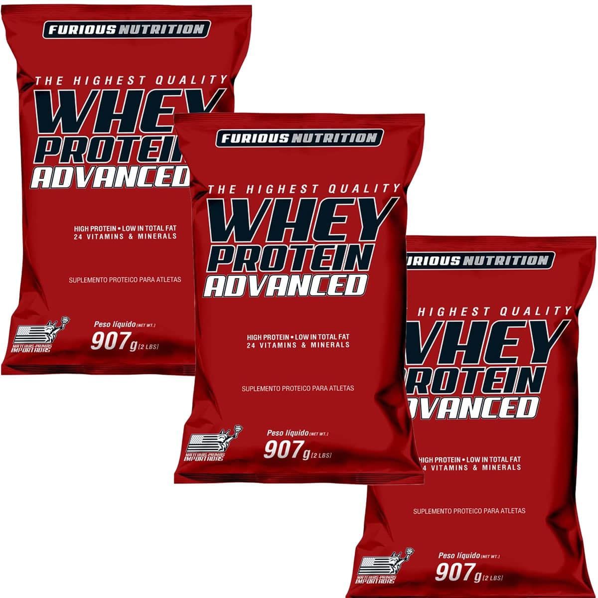 Kit 3X Whey Protein Advanced - 907g Refil Morango - Furious Nutrition