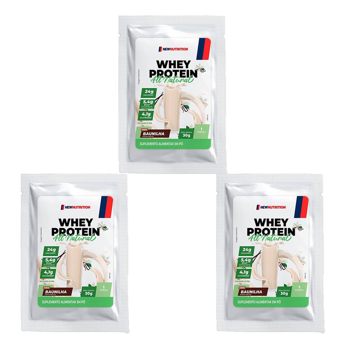 Kit 3X Whey Protein All Natural - 1 Sach� 30g Baunilha - NewNutrition