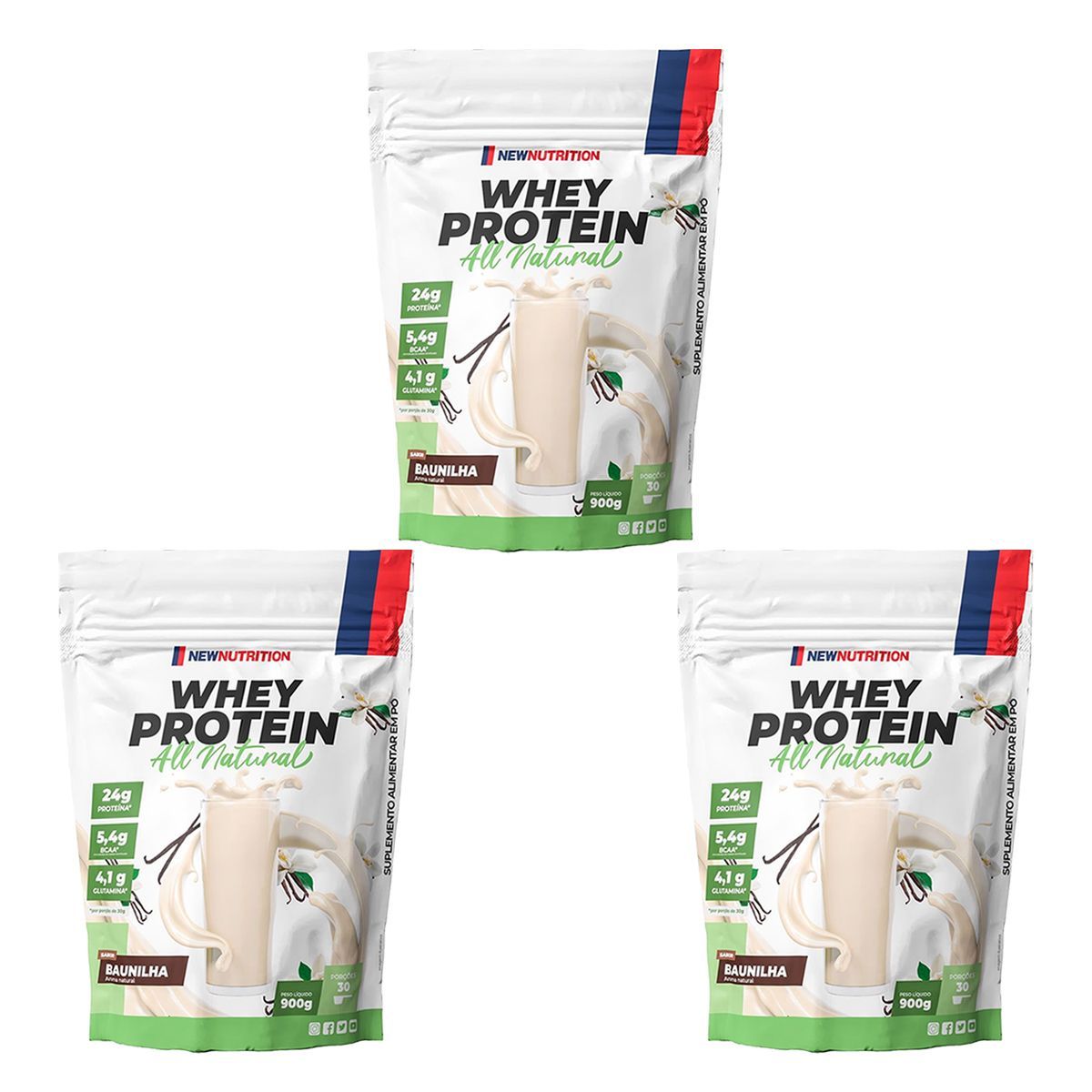 Kit 3X Whey Protein All Natural - 900g Refil Baunilha - NewNutrition