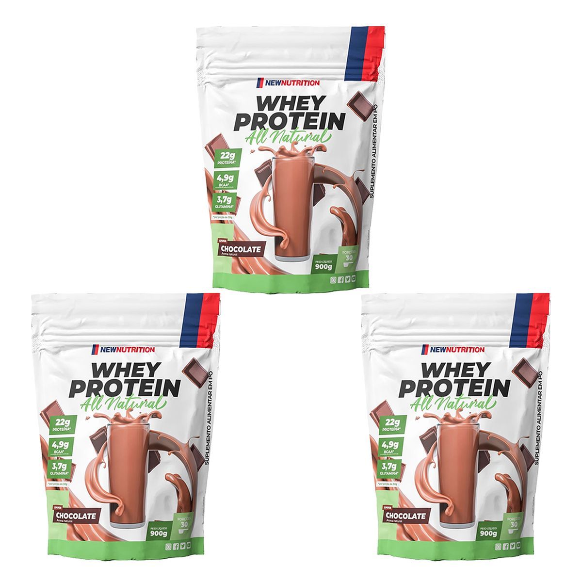 Kit 3X Whey Protein All Natural - 900g Refil Chocolate - NewNutrition