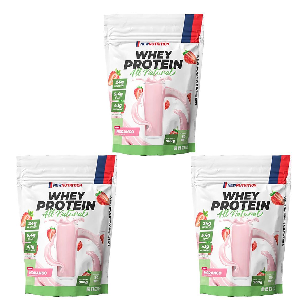 Kit 3X Whey Protein All Natural - 900g Refil Morango - NewNutrition