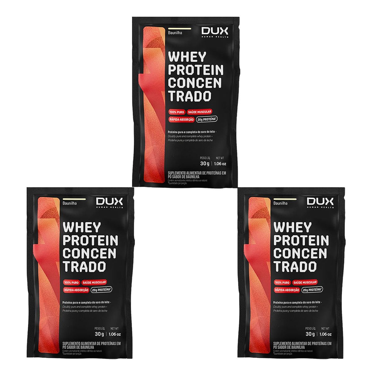 Kit 3X Whey Protein Concentrado - 1 Sach� 30g Baunilha - Dux Nutrition