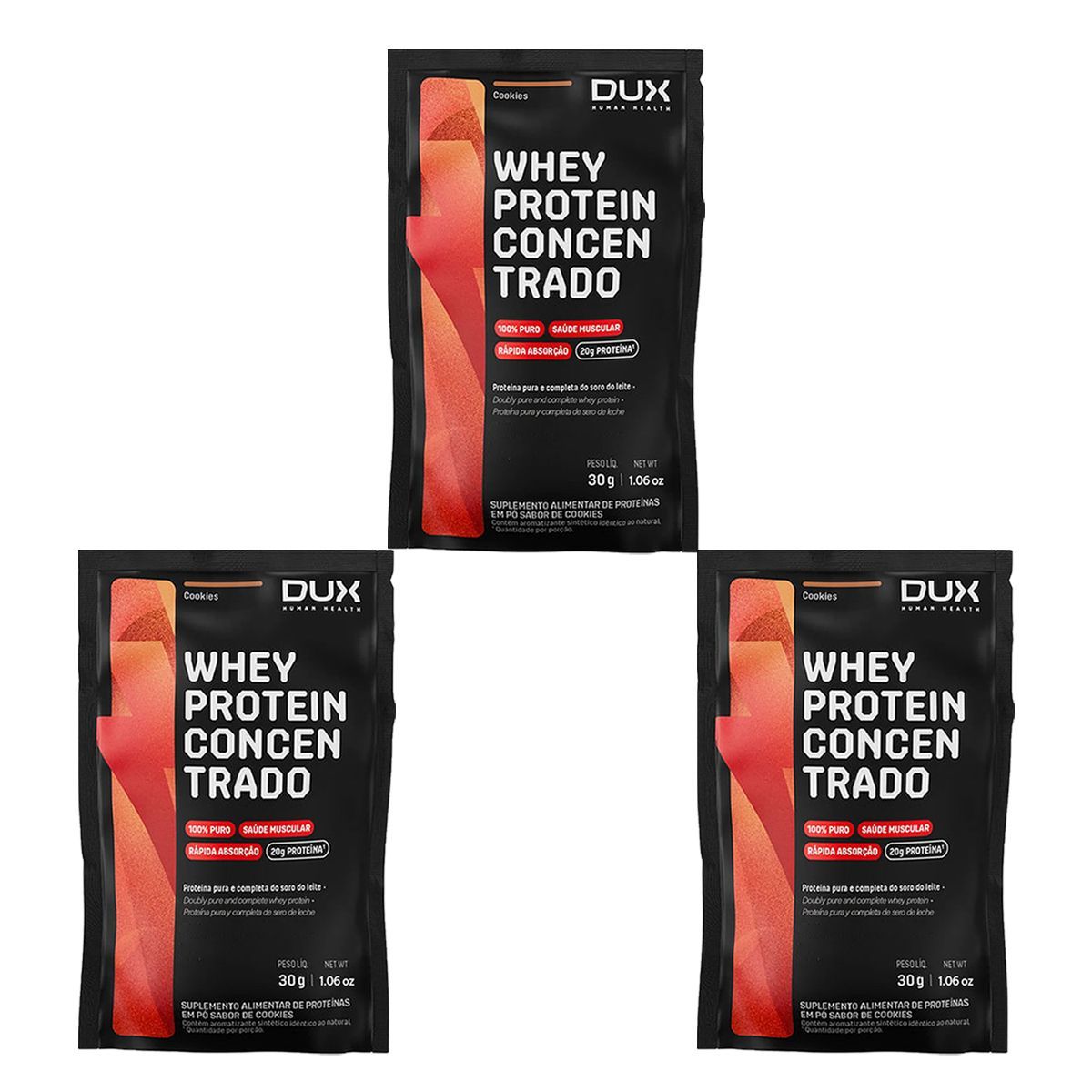 Kit 3X Whey Protein Concentrado - 1 Sach� 30g Cookies  - Dux Nutrition