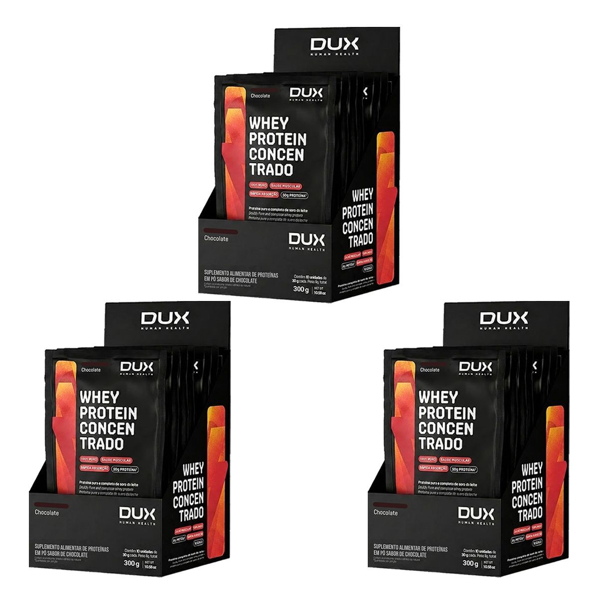 Kit 3X Whey Protein Concentrado - 10 Sach�s 30g Chocolate - Dux Nutrition