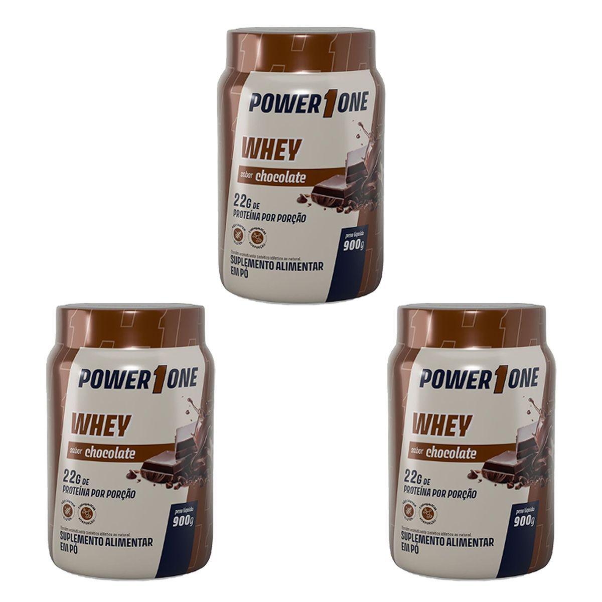 Kit 3X Whey Protein Concentrado 100% - 900g Chocolate - Power1One