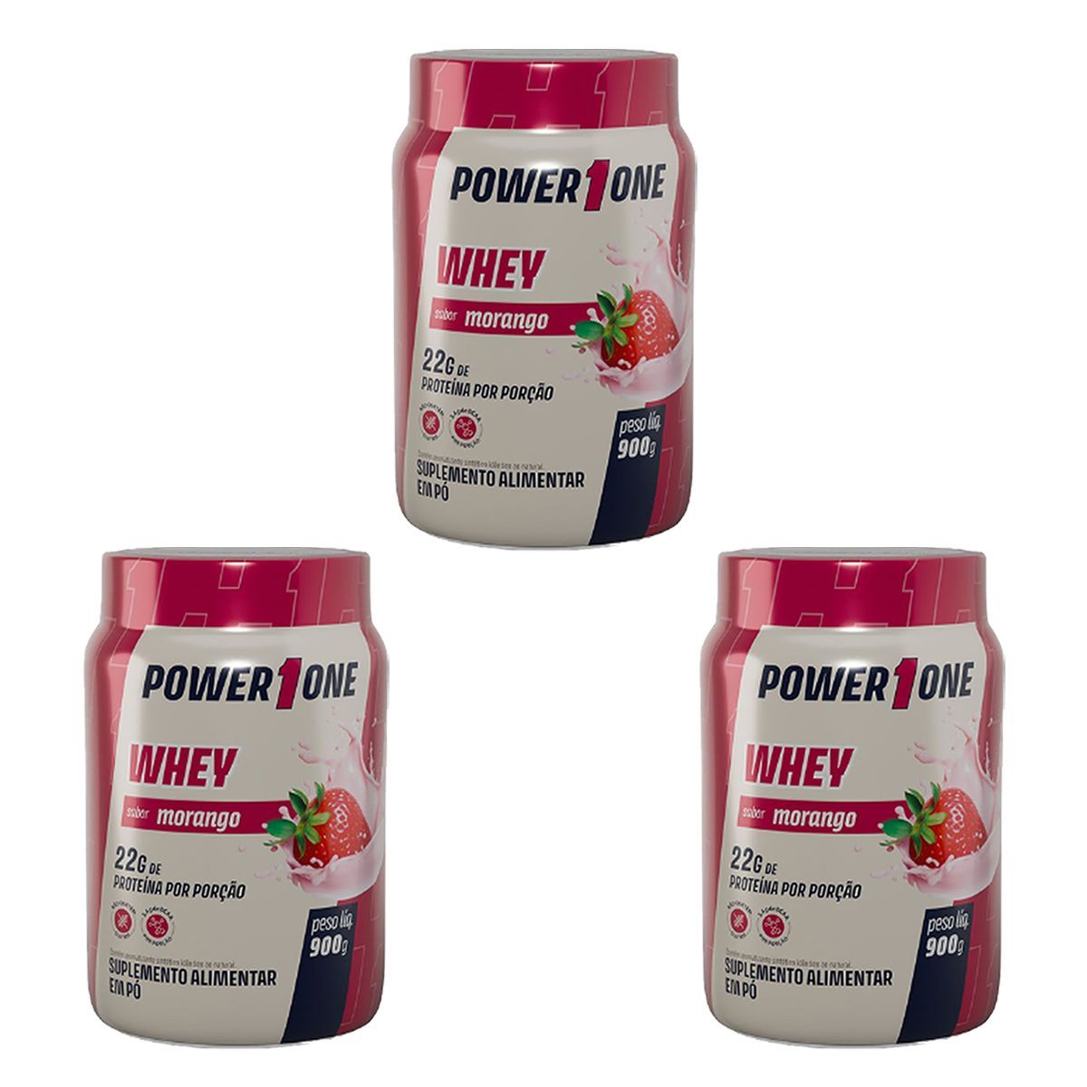 Kit 3X Whey Protein Concentrado 100% - 900g Morango - Power1One