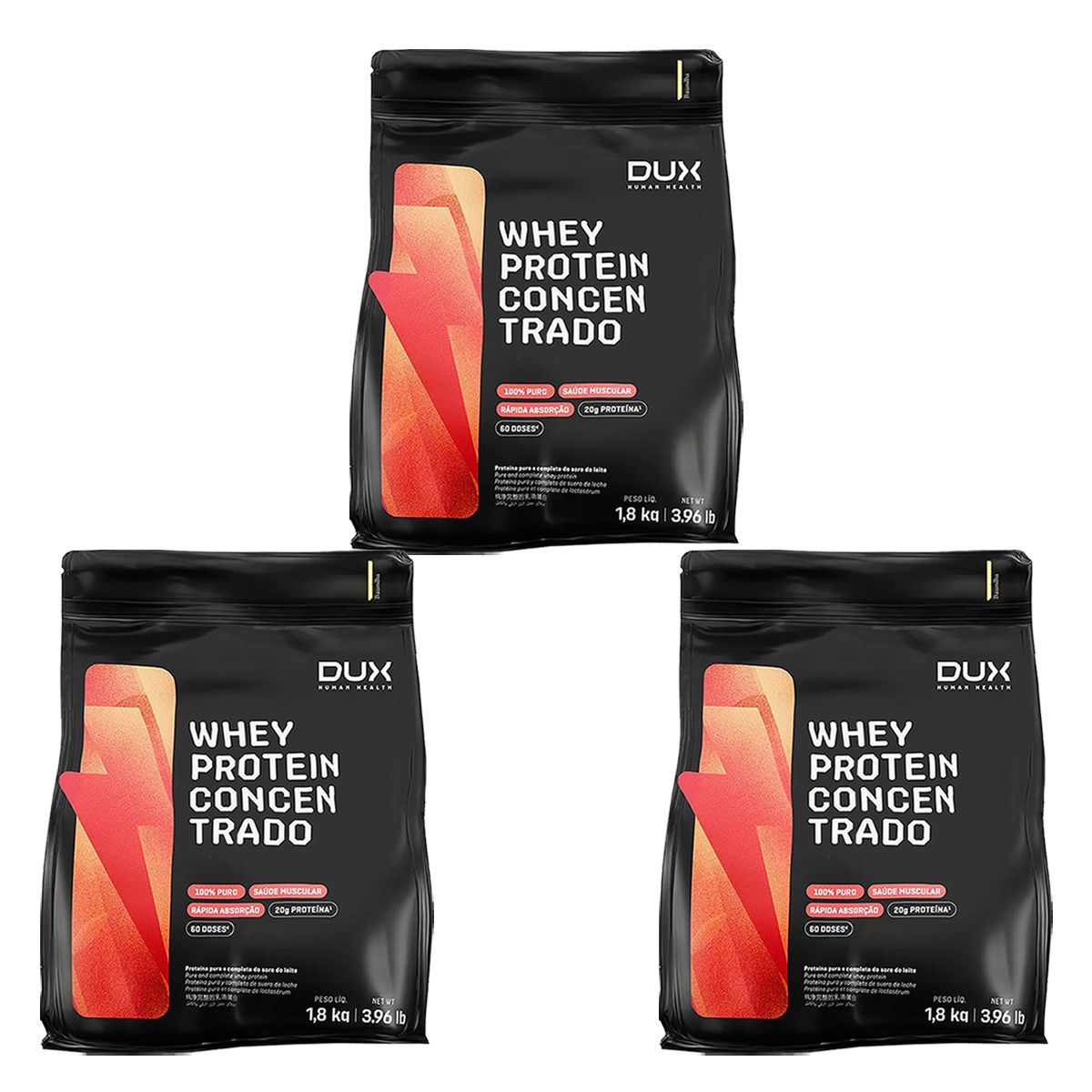 Kit 3X Whey Protein Concentrado - 1800g Refil Baunilha - Dux Nutrition