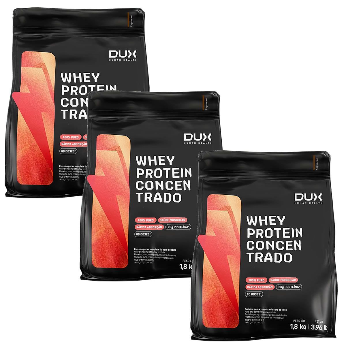 Kit 3X Whey Protein Concentrado - 1800g Refil Cappuccino - Dux Nutrition