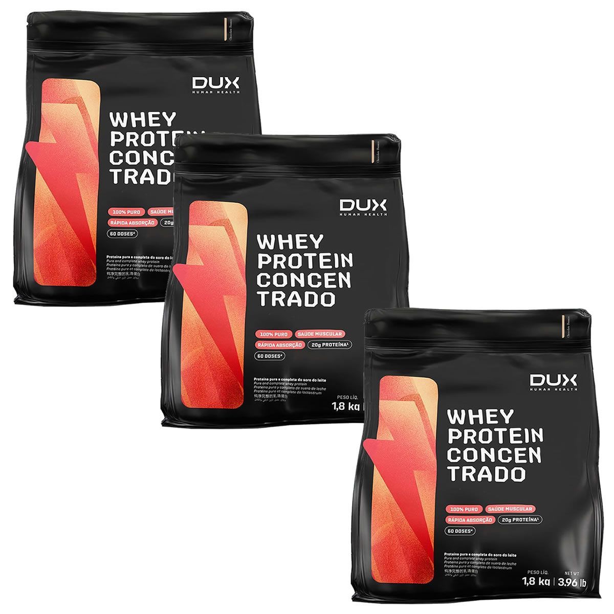 Kit 3X Whey Protein Concentrado - 1800g Refil Chocolate Branco - Dux Nutrition