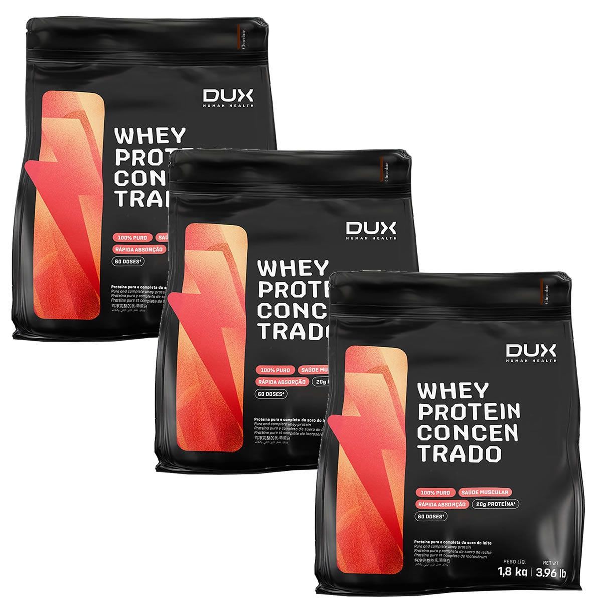 Kit 3X Whey Protein Concentrado - 1800g Refil Chocolate - Dux Nutrition