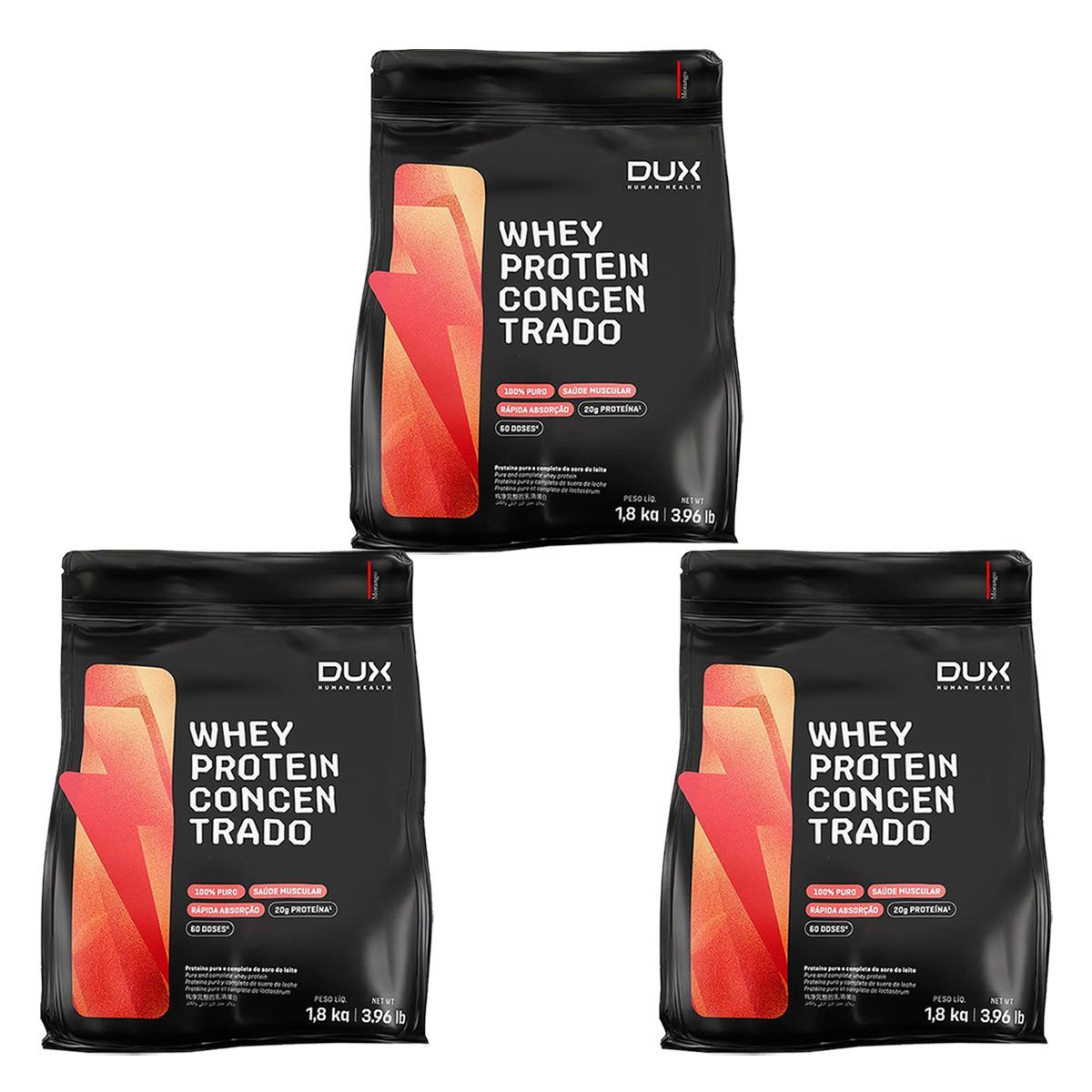 Kit 3X Whey Protein Concentrado - 1800g Refil Morango - Dux Nutrition