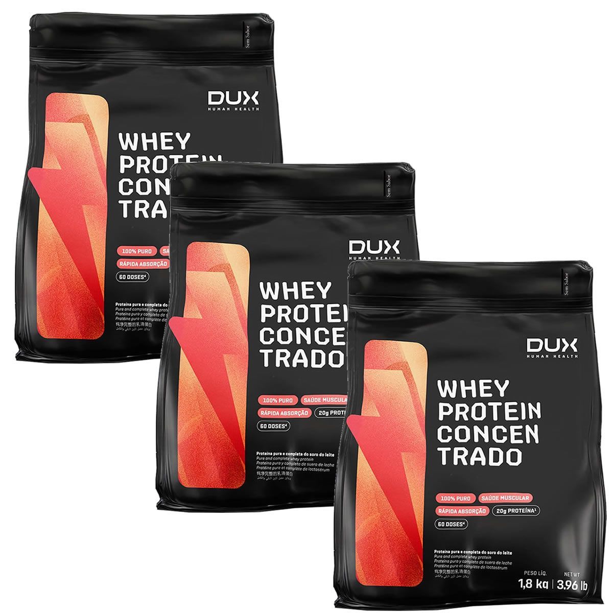 Kit 3X Whey Protein Concentrado - 1800g Refil Sem Sabor - Dux Nutrition