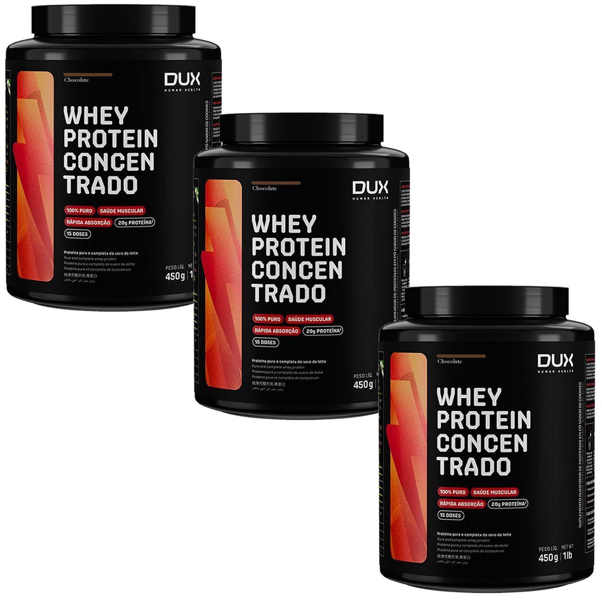 Kit 3X Whey Protein Concentrado - 450g Chocolate - Dux Nutrition