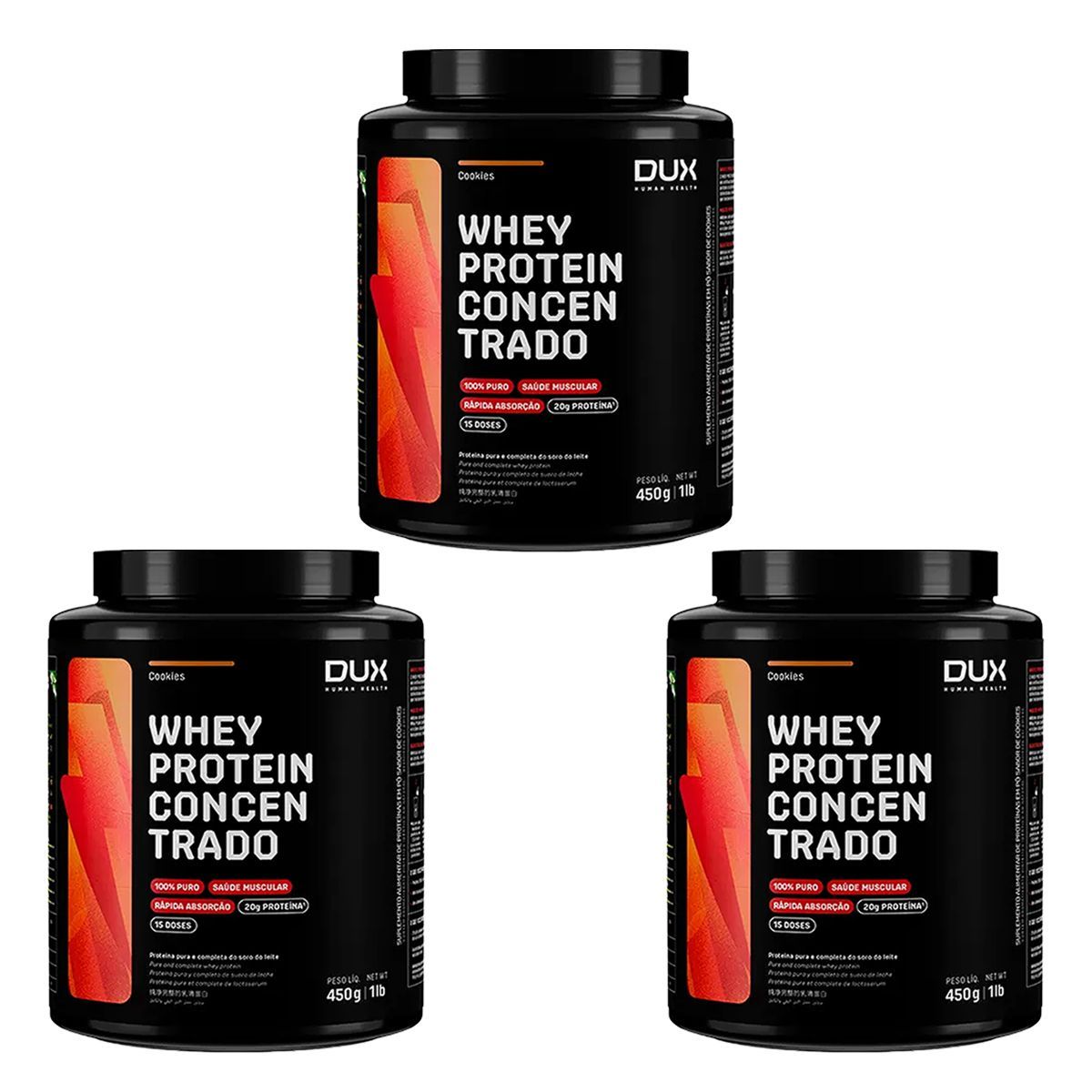 Kit 3X Whey Protein Concentrado - 450g Cookies - Dux Nutrition