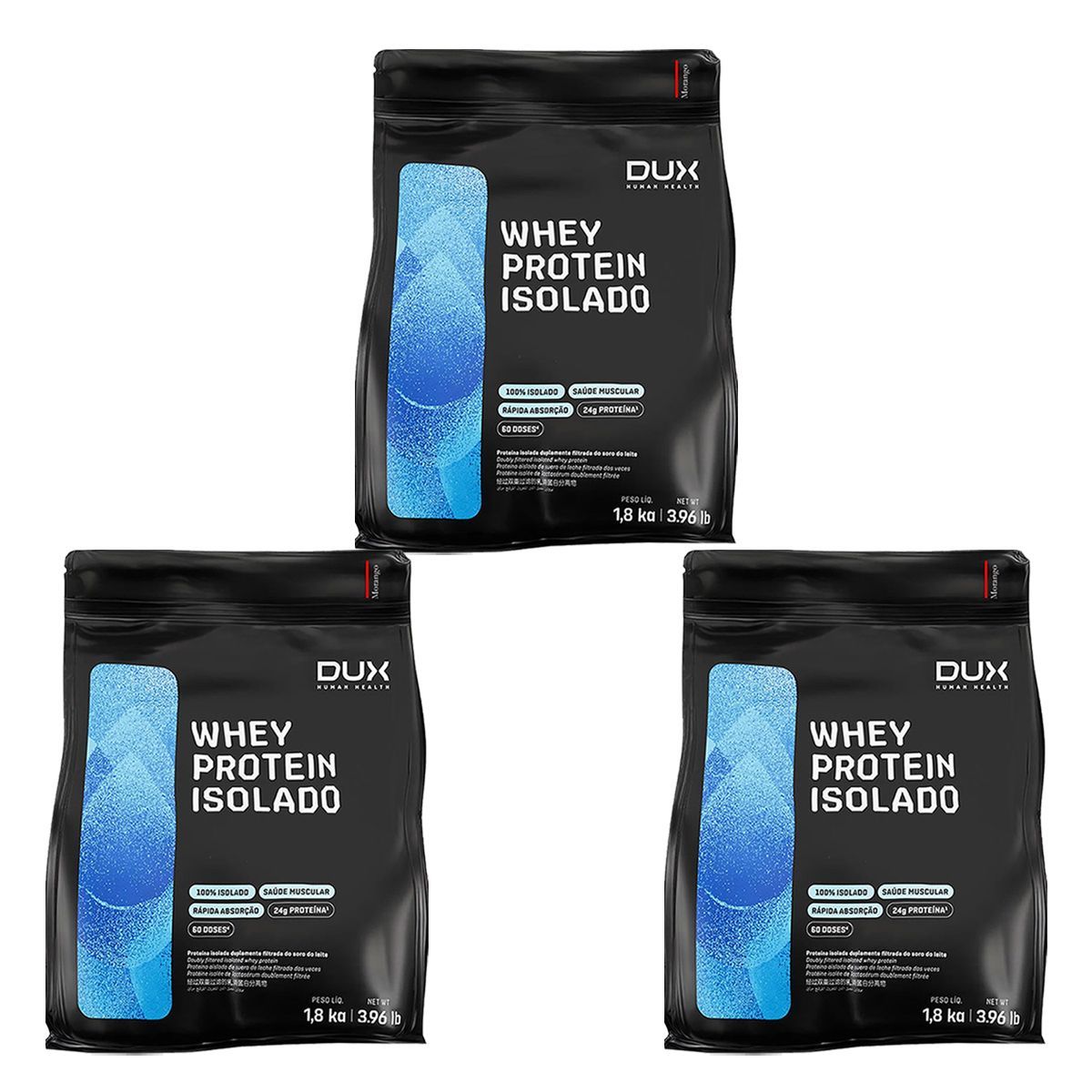 Kit 3X Whey Protein Isolado - 1800g Refil Morango - Dux Nutrition