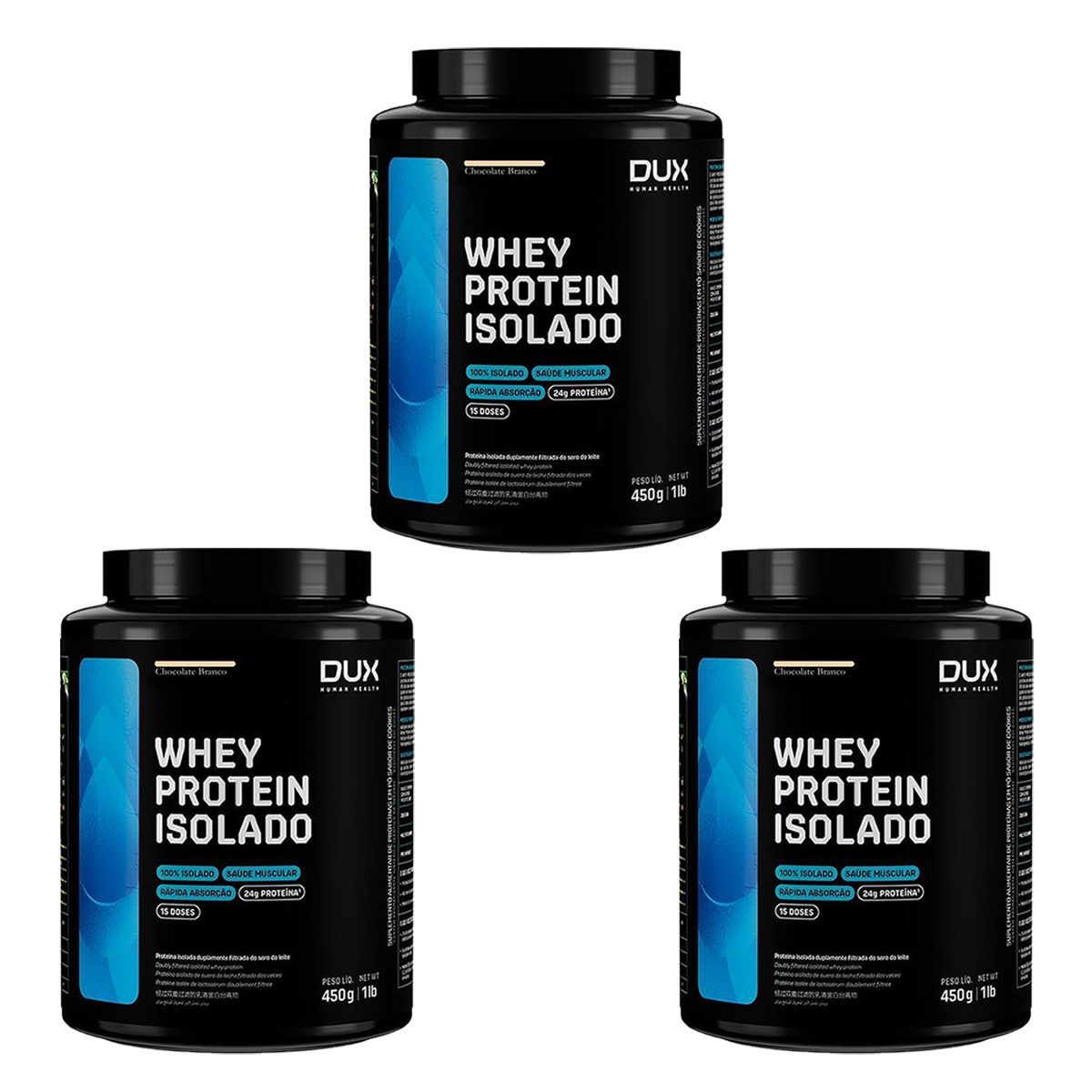 Kit 3X Whey Protein Isolado - 450g Chocolate Branco - Dux Nutrition