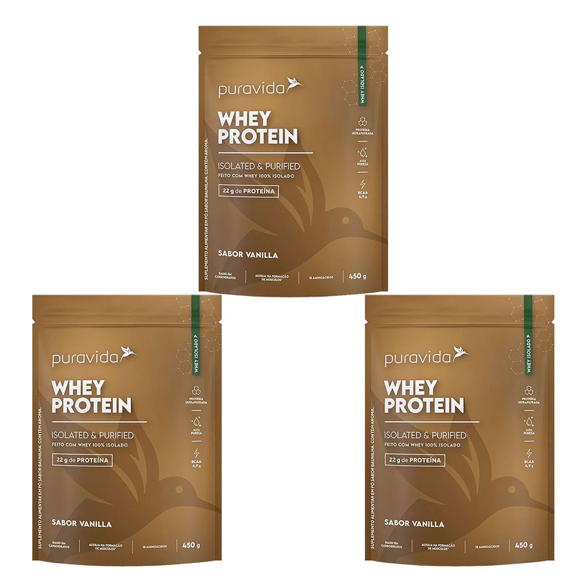 Kit 3X Whey Protein Isolado � 450g Refil Vanilla � Pura Vida