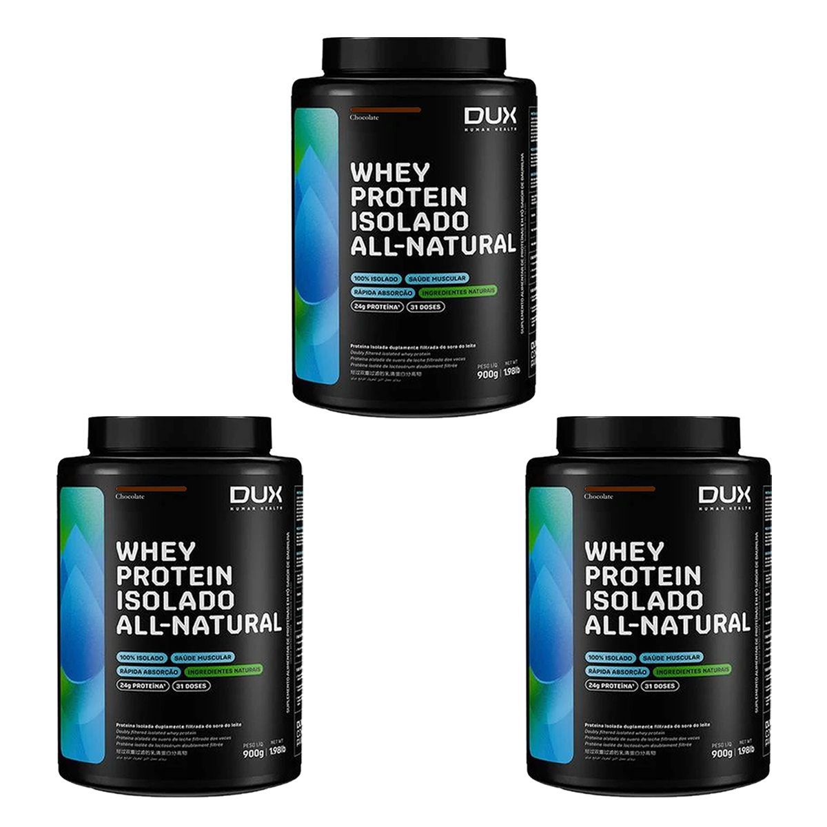 Kit 3X Whey Protein Isolado All Natural - 900g Chocolate - Dux Nutrition