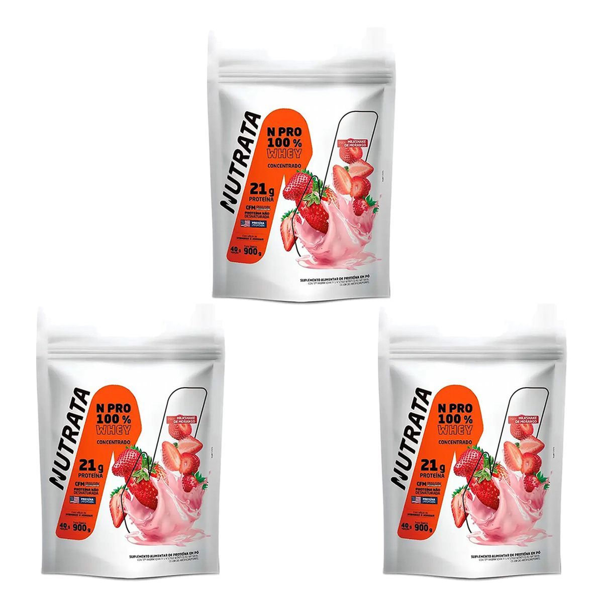 Kit 3X Whey Protein Npro - 900g Refil Morango - Nutrata