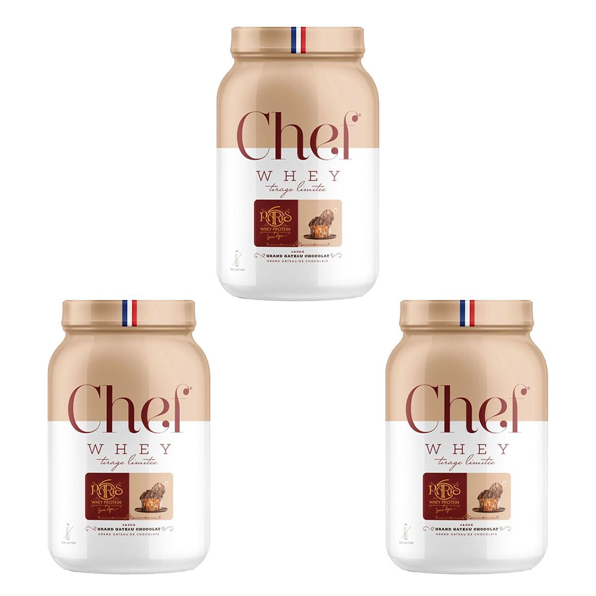 Kit 3X Whey Protein Paris 6 Sem Lactose - 800g Grand Gateau de Chocolate - Chef Whey