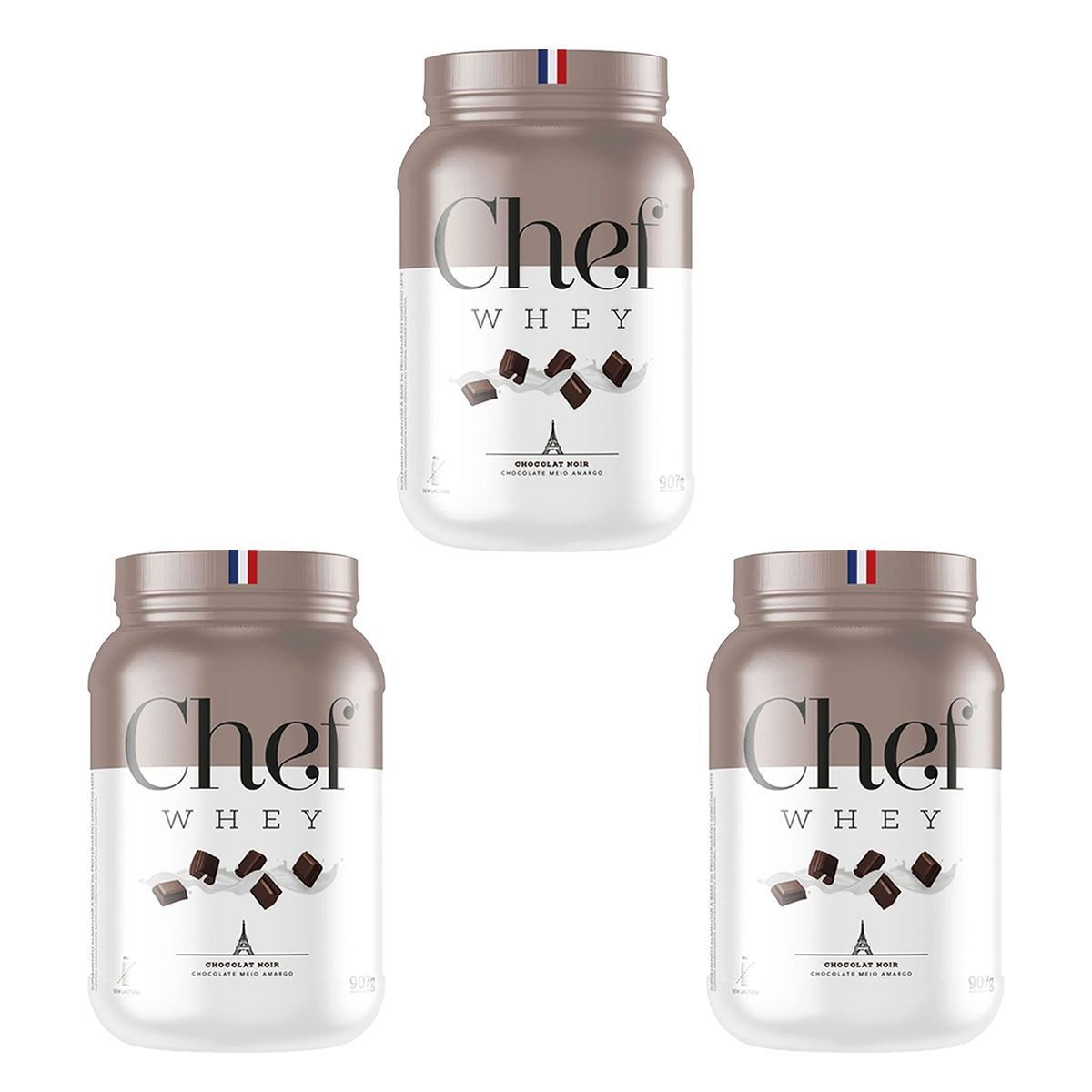 Kit 3X Whey Protein Sem Lactose - 907g Chocolate Meio Amargo - Chef Whey