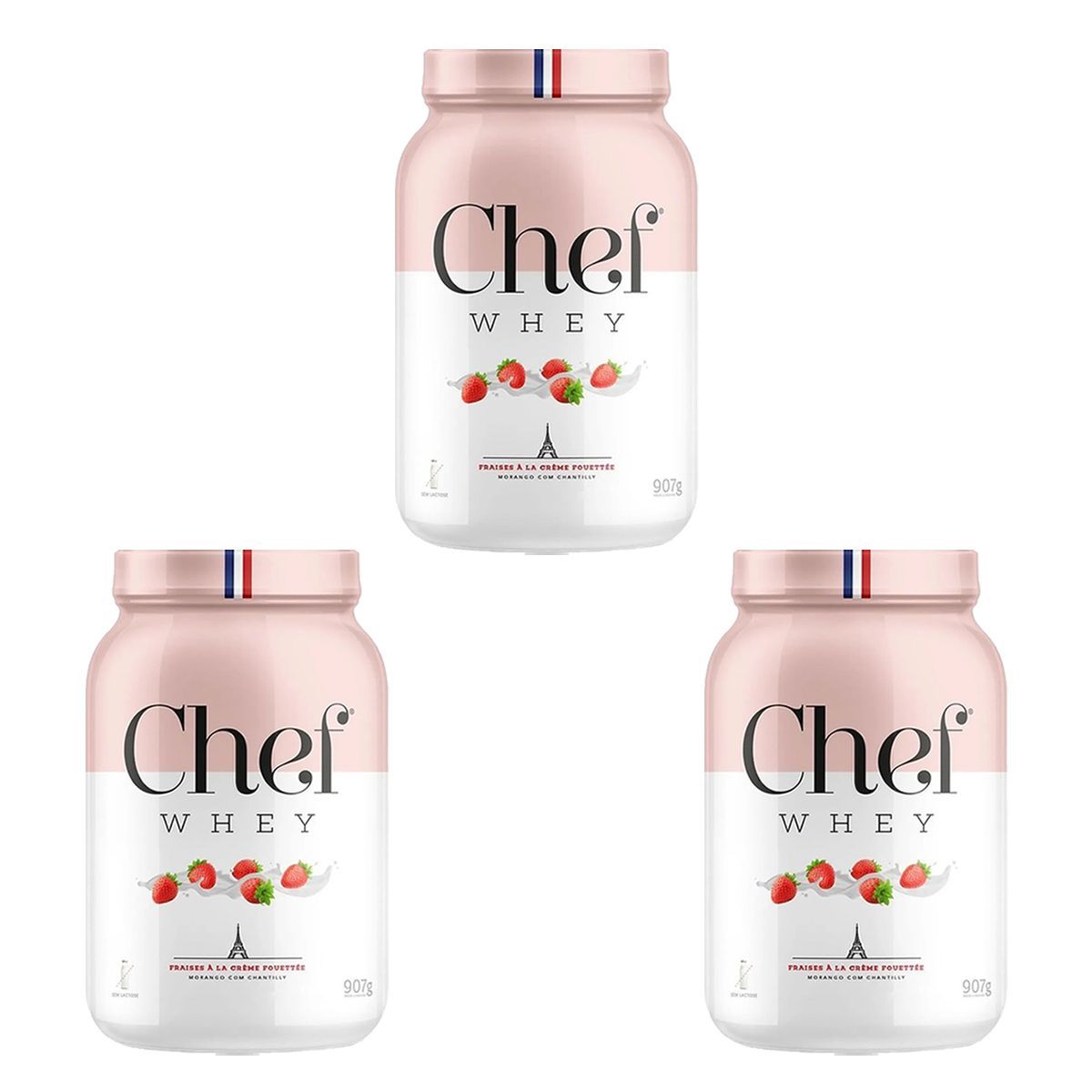 Kit 3X Whey Protein Sem Lactose - 907g Morango com Chantily - Chef Whey