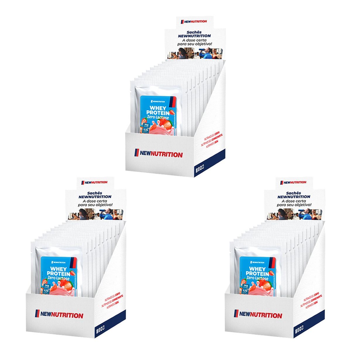 Kit 3X Whey Protein Zero Lactose - 10 Sach�s 30g Morango - Newnutrition