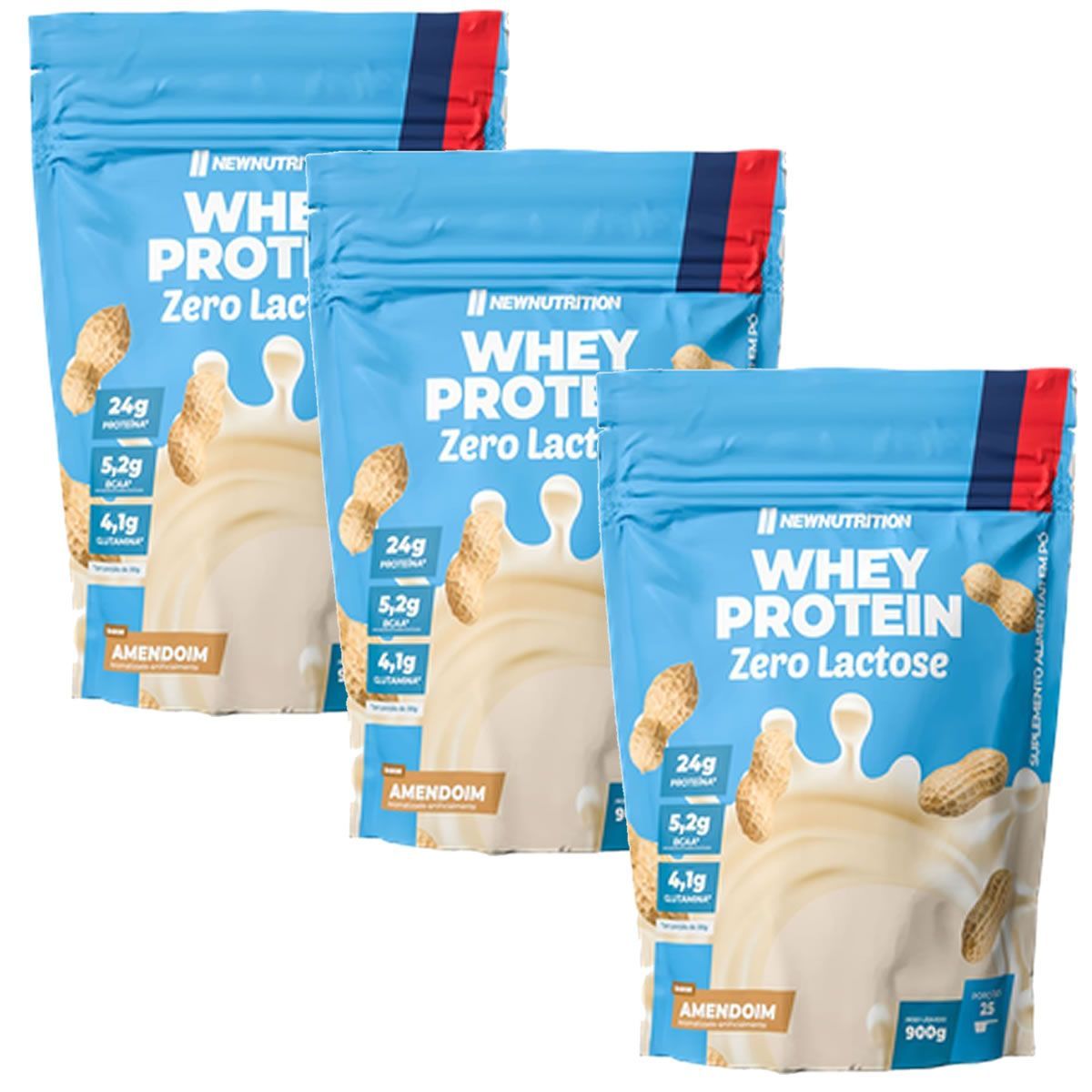 Kit 3X Whey Protein Zero Lactose - 900g Refil Amendoim - NewNutrition