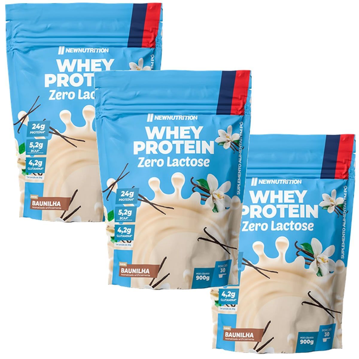 Kit 3X Whey Protein Zero Lactose - 900g Refil Baunilha - NewNutrition