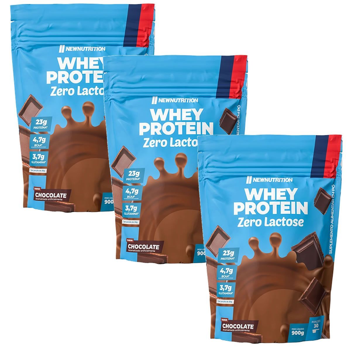 Kit 3X Whey Protein Zero Lactose - 900g Refil Chocolate - NewNutrition
