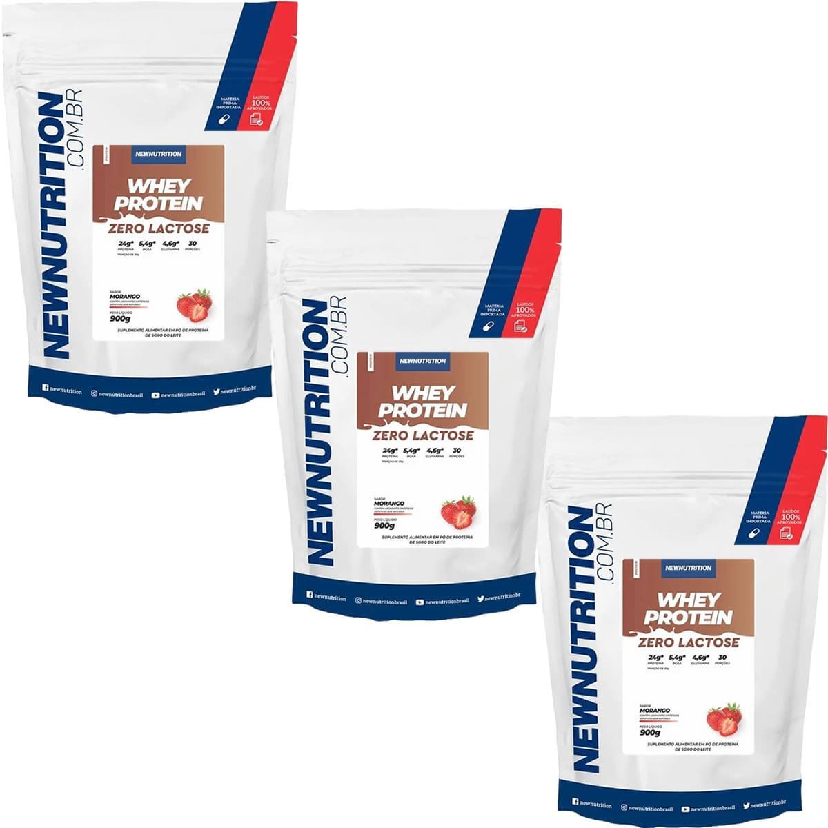 Kit 3X Whey Protein Zero Lactose - 900g Refil Morango - NewNutrition